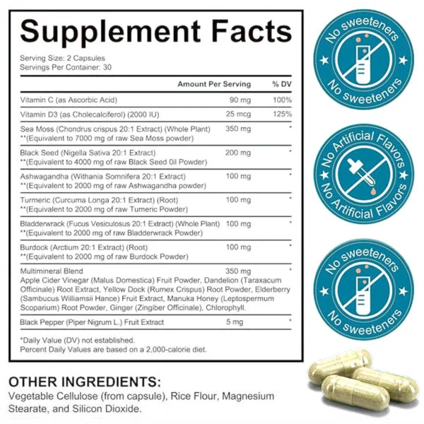 Tarmya Sea Moss Black Seed Oil Ashwagandha and Ginger – Extra Strength 16-in-1 Herbal Supplement | Immune, Energy & Stress Support | 60 Vegan Capsules