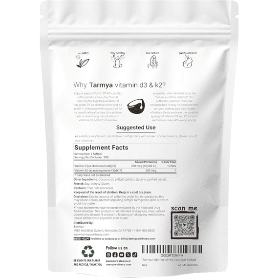Tarmya Vitamin D3 10,000 IU with K2 (MK-7) 200 mcg | 300 Softgels with Virgin Coconut Oil | Non-GMO, Gluten-Free, Lab-Tested