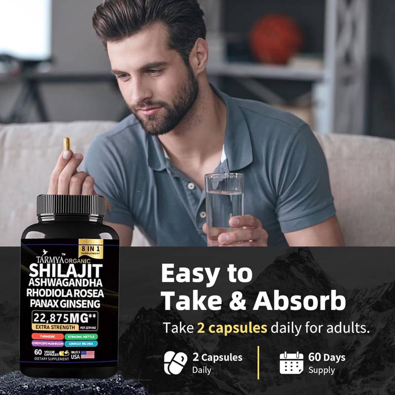 Tarmya Shilajit Ashwagandha Rhodiola Rosea & Panax Ginseng – Extra Strength 8-in-1 Supplement | With Turmeric, Stinging Nettle, Cordyceps & Ginkgo Biloba | 60 Vegan Capsules for Energy, Focus, Sleep, Immune & Cortisol Support
