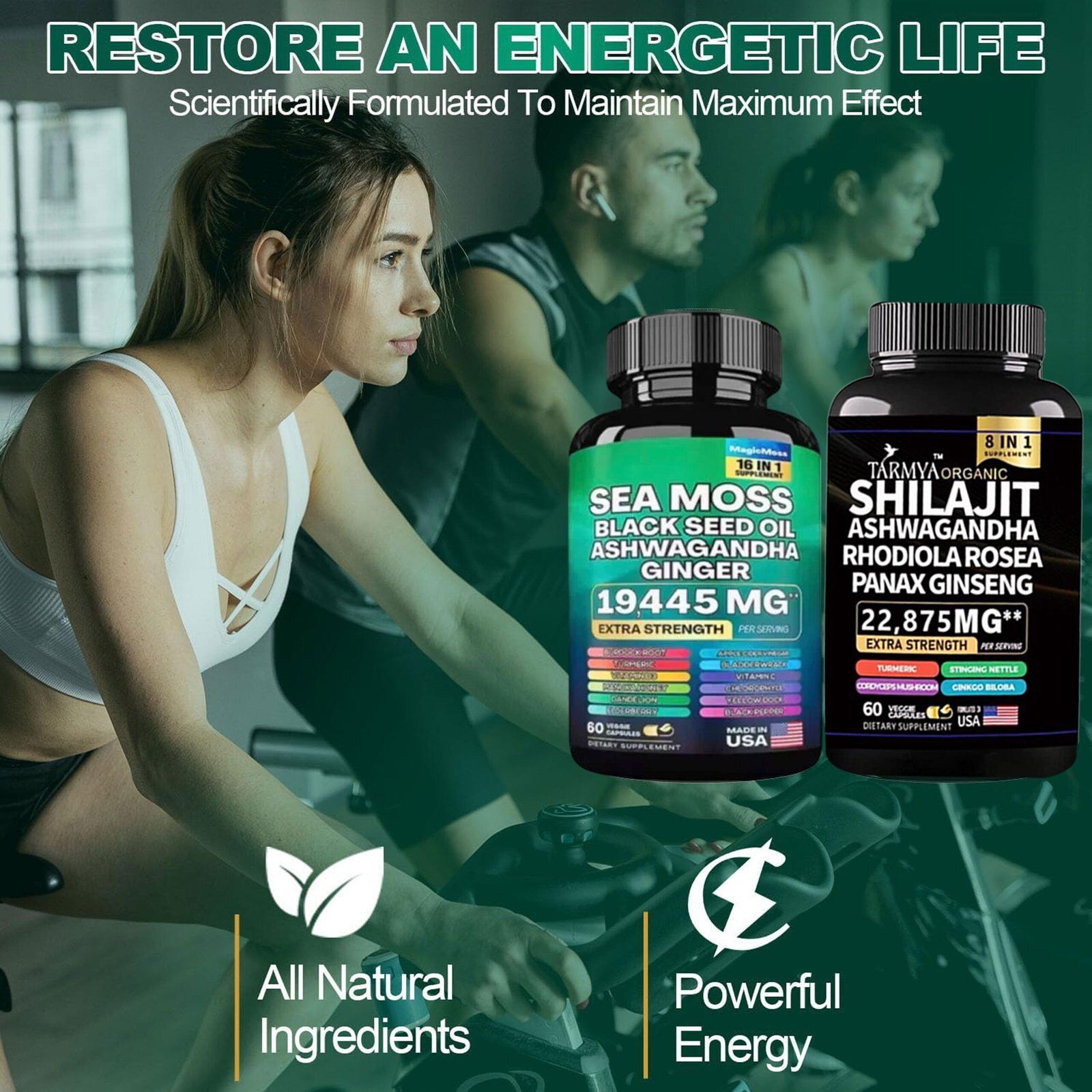 Tarmya Sea Moss and Shilajit Bundle Extra Strength 120 Veggie Capsules - Sea Moss Black Seed Oil Ashwagandha Ginger (All in 1 Supplement) and Shilajit Ashwagandha Rhodiola Rosea Panax Ginseng (8 in 1 Supplement)