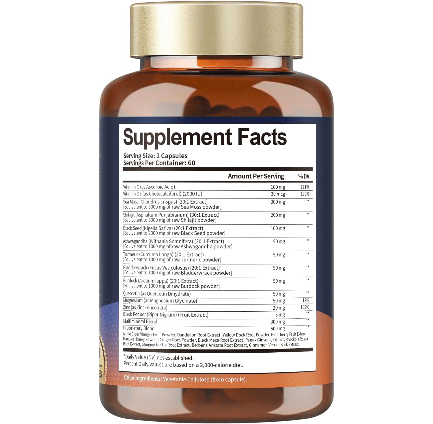 Tarmya 25-in-1 Sea Moss Black Seed Oil Ashwagandha Turmeric Shilajit Supplement | With Bladderwrack, Burdock, Berberine, Cinnamon, Rhodiola, Ginseng, Stinging Nettle, Vitamin C & D3 | 120 Vegan Capsules