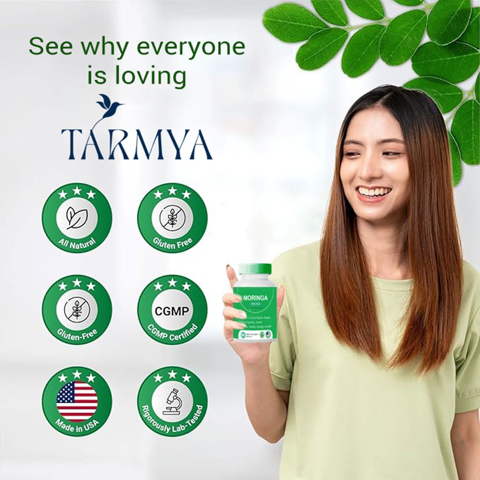 Tarmya 100% Pure Moringa Capsules – Natural Green Superfood for Energy, Skin, Immunity & Gut Health | Rich in Antioxidants, Vitamins & Amino Acids | 60 Count – GMP Certified & 3rd Party Lab Tested in USA
