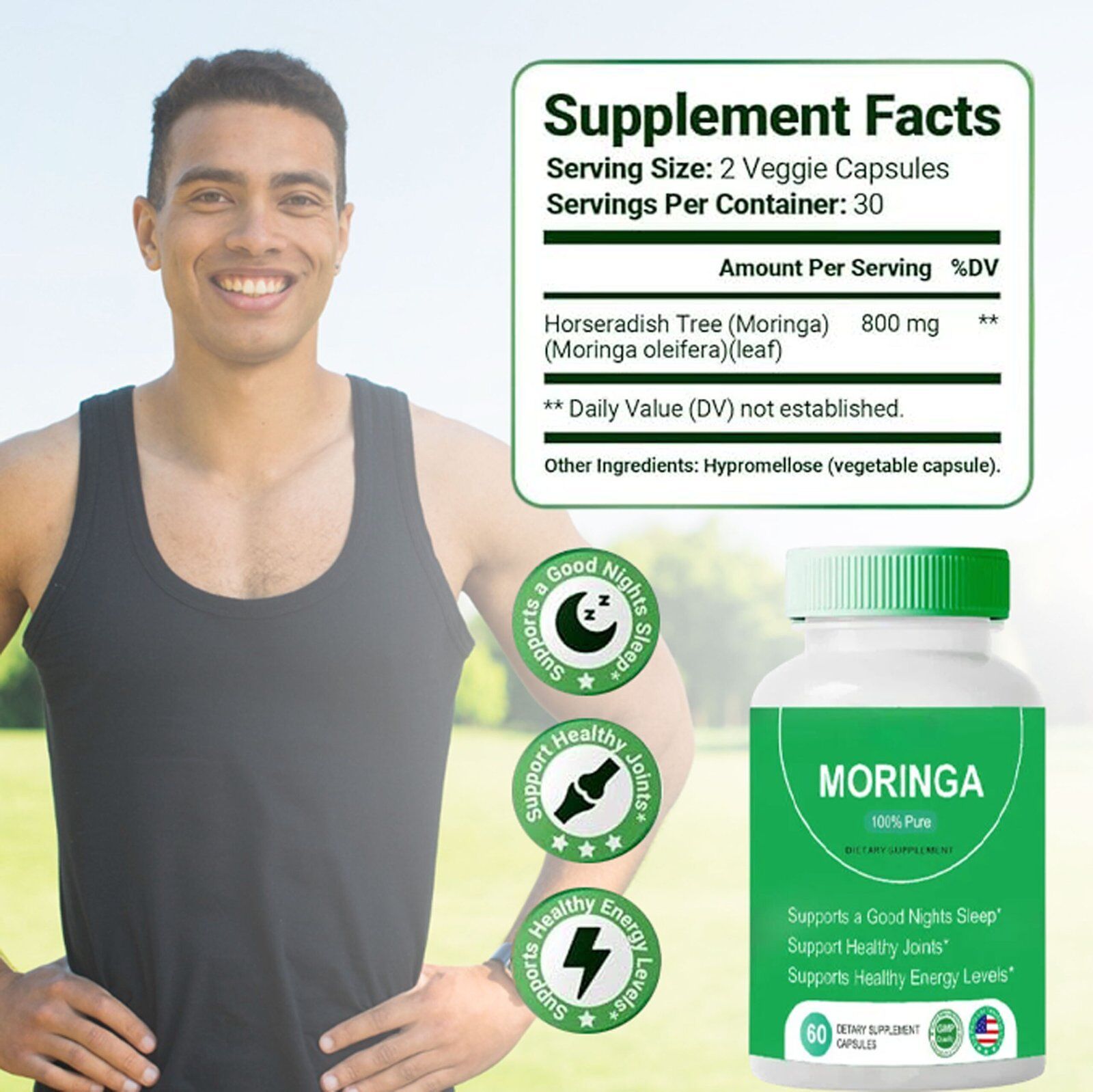 Tarmya 100% Pure Moringa Capsules – Natural Green Superfood for Energy, Skin, Immunity & Gut Health | Rich in Antioxidants, Vitamins & Amino Acids | 60 Count – GMP Certified & 3rd Party Lab Tested in USA