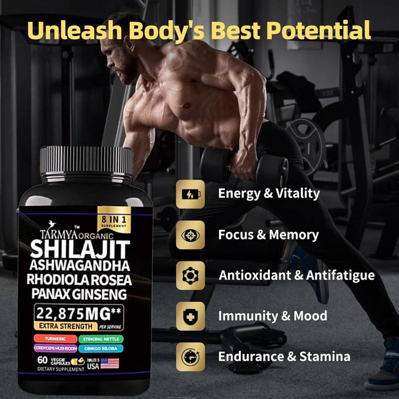 Tarmya Shilajit Ashwagandha Rhodiola Rosea & Panax Ginseng – Extra Strength 8-in-1 Supplement | With Turmeric, Stinging Nettle, Cordyceps & Ginkgo Biloba | 60 Vegan Capsules for Energy, Focus, Sleep, Immune & Cortisol Support