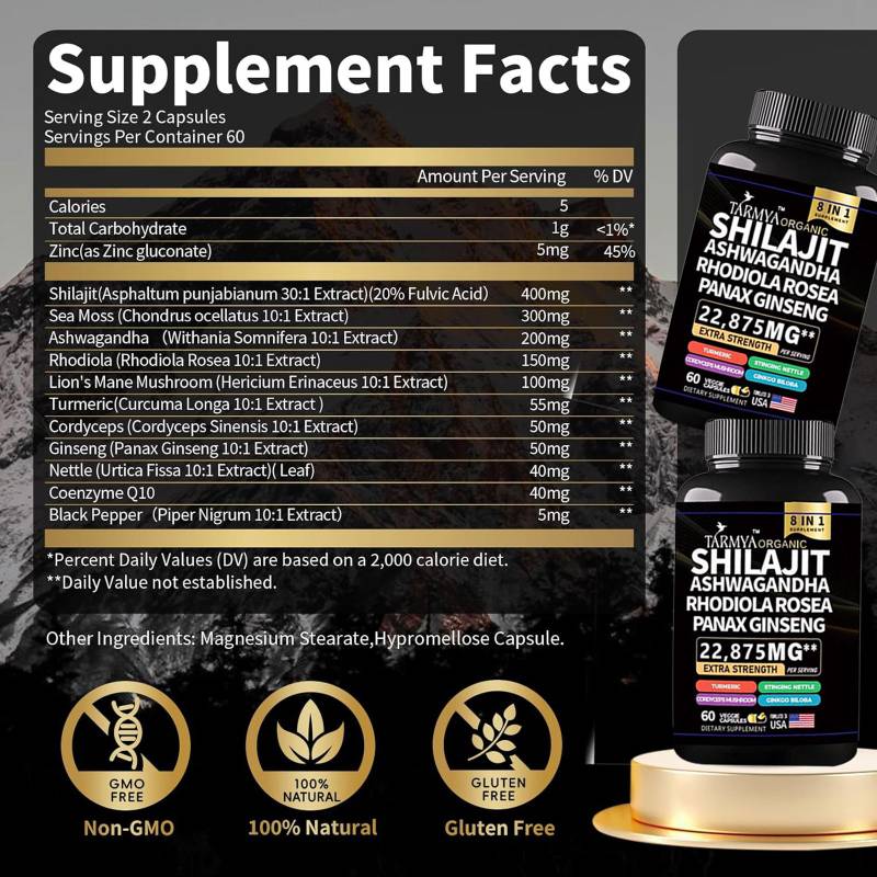 Tarmya Shilajit Ashwagandha Rhodiola Rosea & Panax Ginseng – Extra Strength 8-in-1 Supplement | With Turmeric, Stinging Nettle, Cordyceps & Ginkgo Biloba | 60 Vegan Capsules for Energy, Focus, Sleep, Immune & Cortisol Support