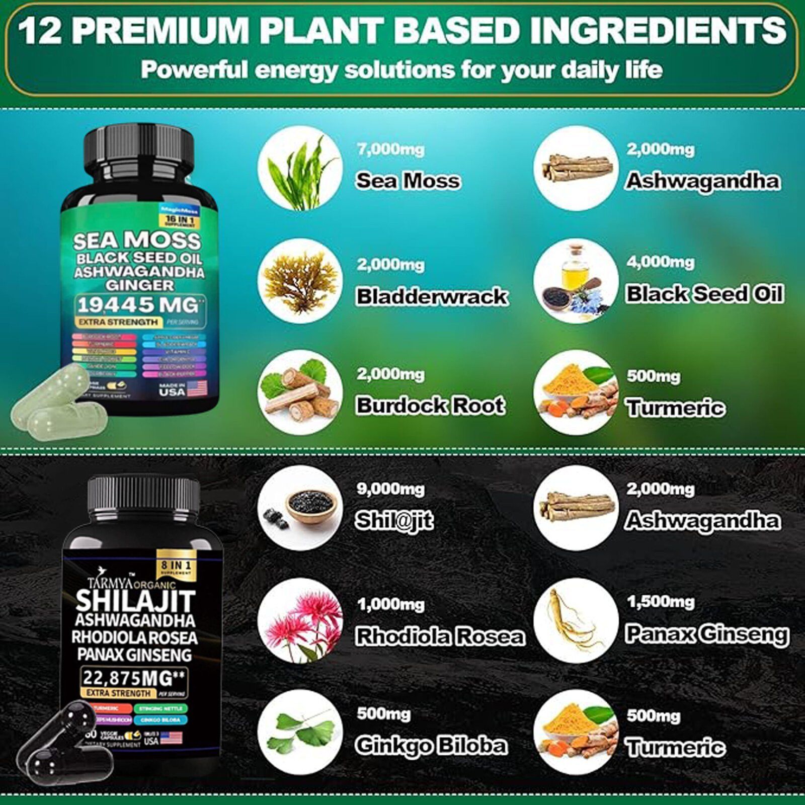 Tarmya Sea Moss and Shilajit Bundle Extra Strength 120 Veggie Capsules - Sea Moss Black Seed Oil Ashwagandha Ginger (All in 1 Supplement) and Shilajit Ashwagandha Rhodiola Rosea Panax Ginseng (8 in 1 Supplement)