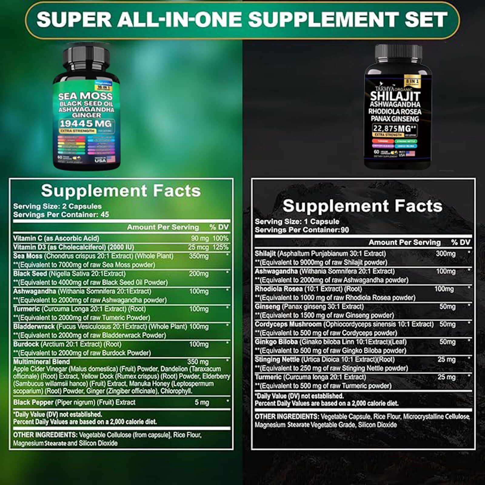 Tarmya Sea Moss and Shilajit Bundle Extra Strength 120 Veggie Capsules - Sea Moss Black Seed Oil Ashwagandha Ginger (All in 1 Supplement) and Shilajit Ashwagandha Rhodiola Rosea Panax Ginseng (8 in 1 Supplement)